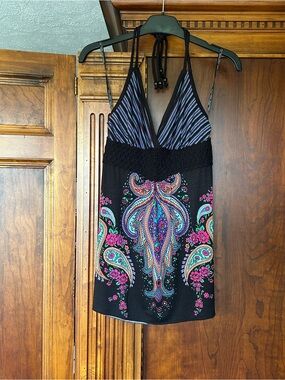 Buffalo David Bitton Black Halter Paisley Print Tank with Pink & Teal Accents